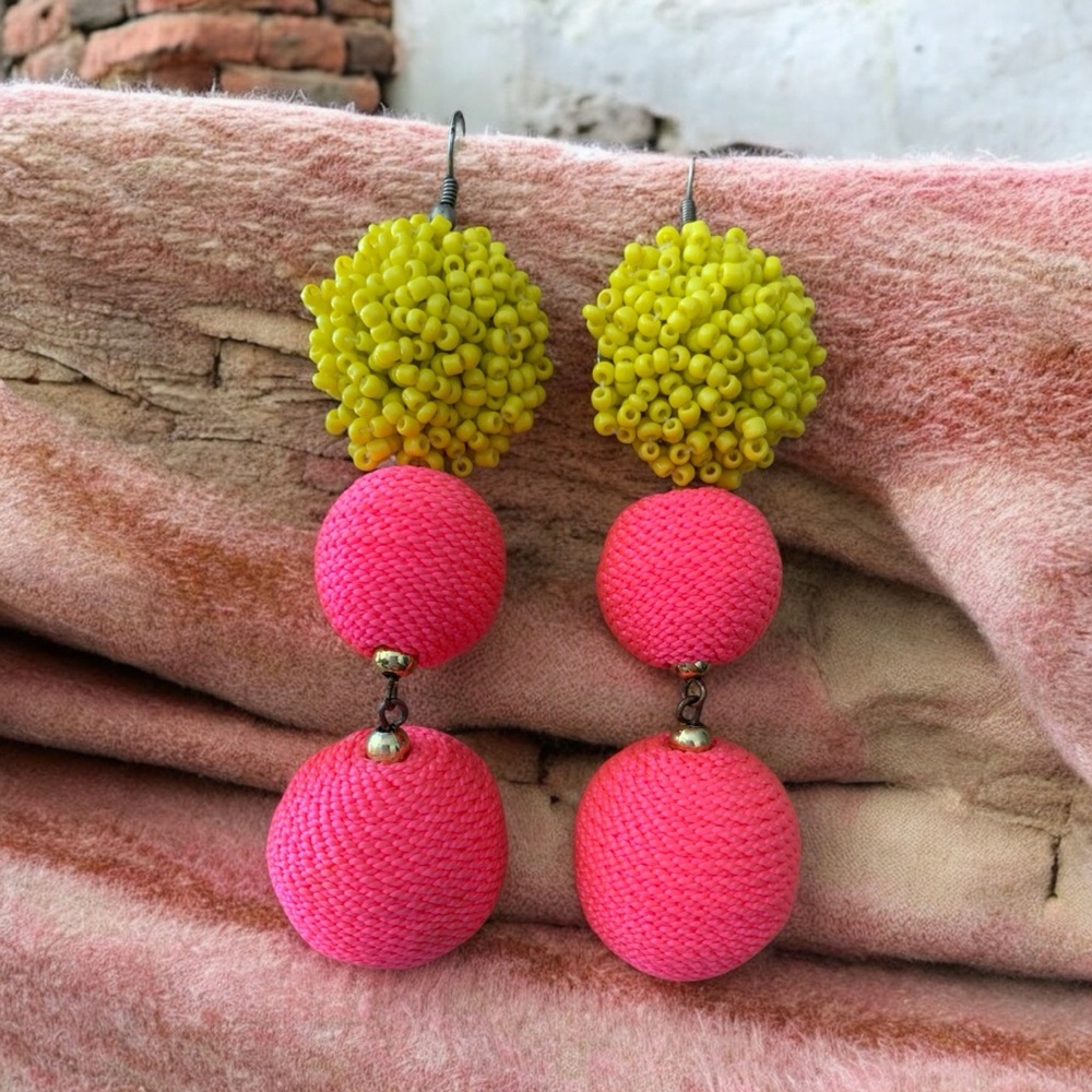 Vibrant Pink and Yellow Beaded Earrings